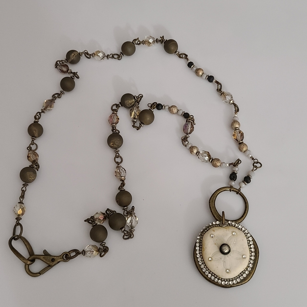 Vintage Sea Biscuit Mini Necklace AB Glass Beads Bronze Rhinestones Estate Jewel